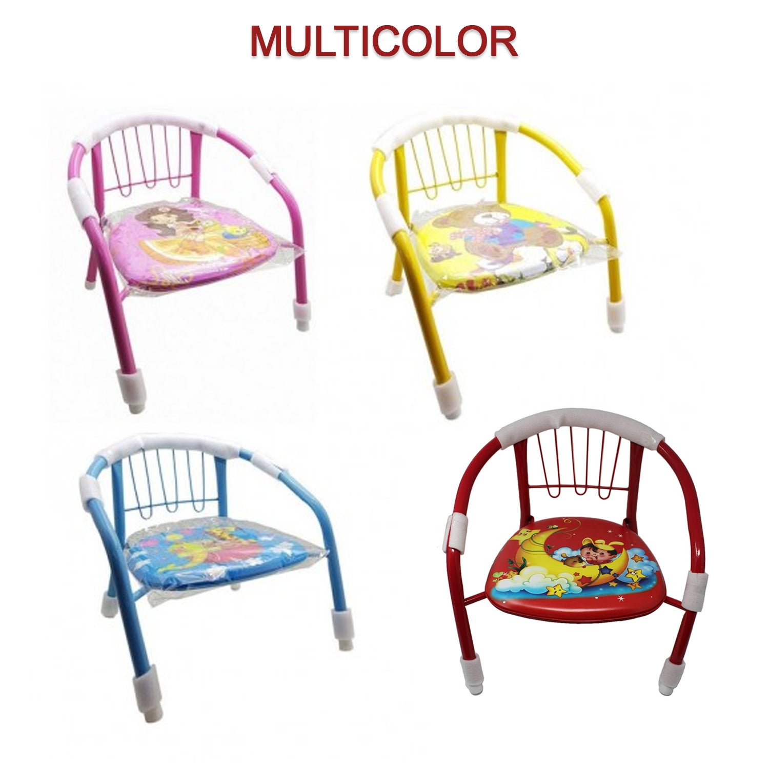 1257 Multicolor Cartoon Design Baby Chair with Metal Backrest Frame & Sound Seated Soft Cushion for kids & Toddlers (MOQ - 4 pcs) DeoDap