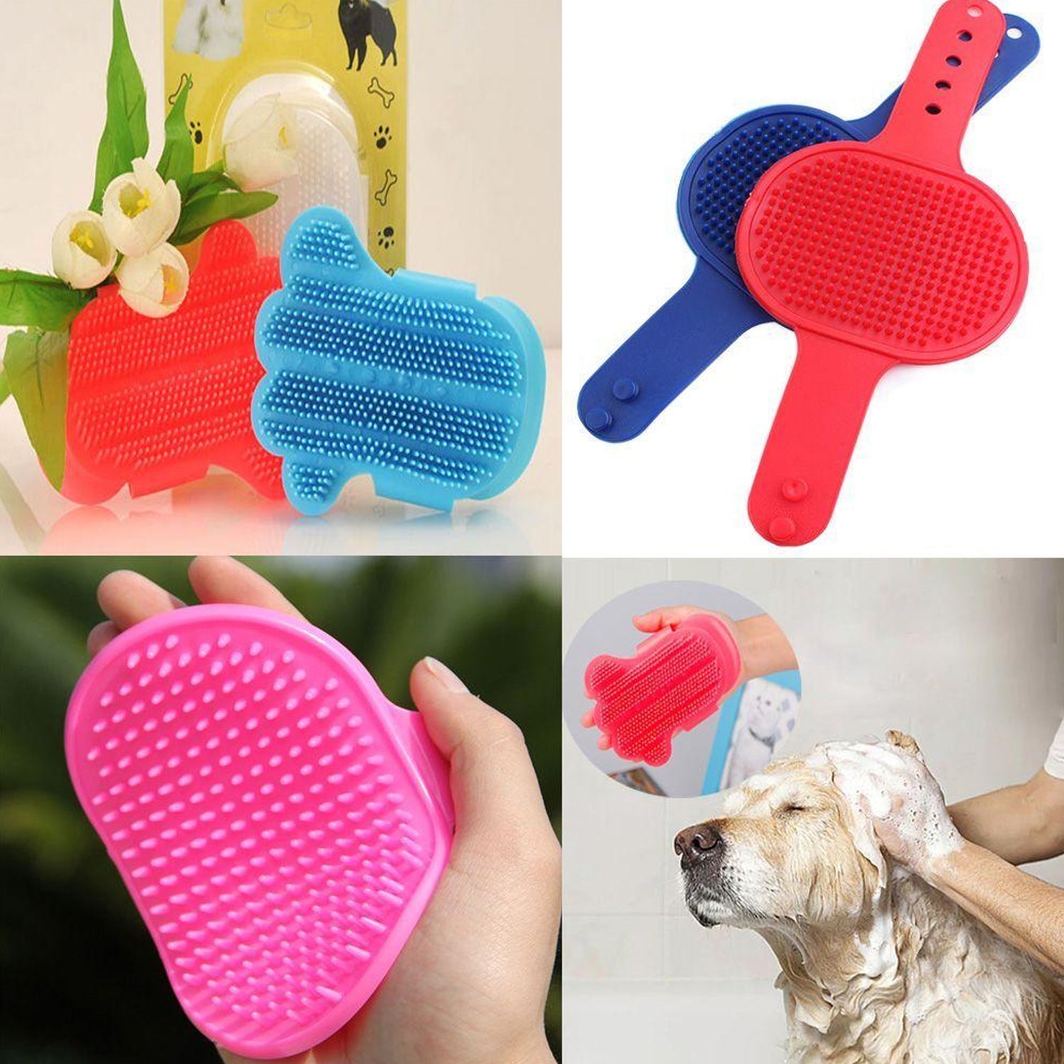 4148 Dog Bath Brush Dog Grooming Brush, Pet Shampoo Bath Brush Soothing Massage Rubber Comb with Adjustable Ring Handle for Long Short Haired Dogs (1 Pc)