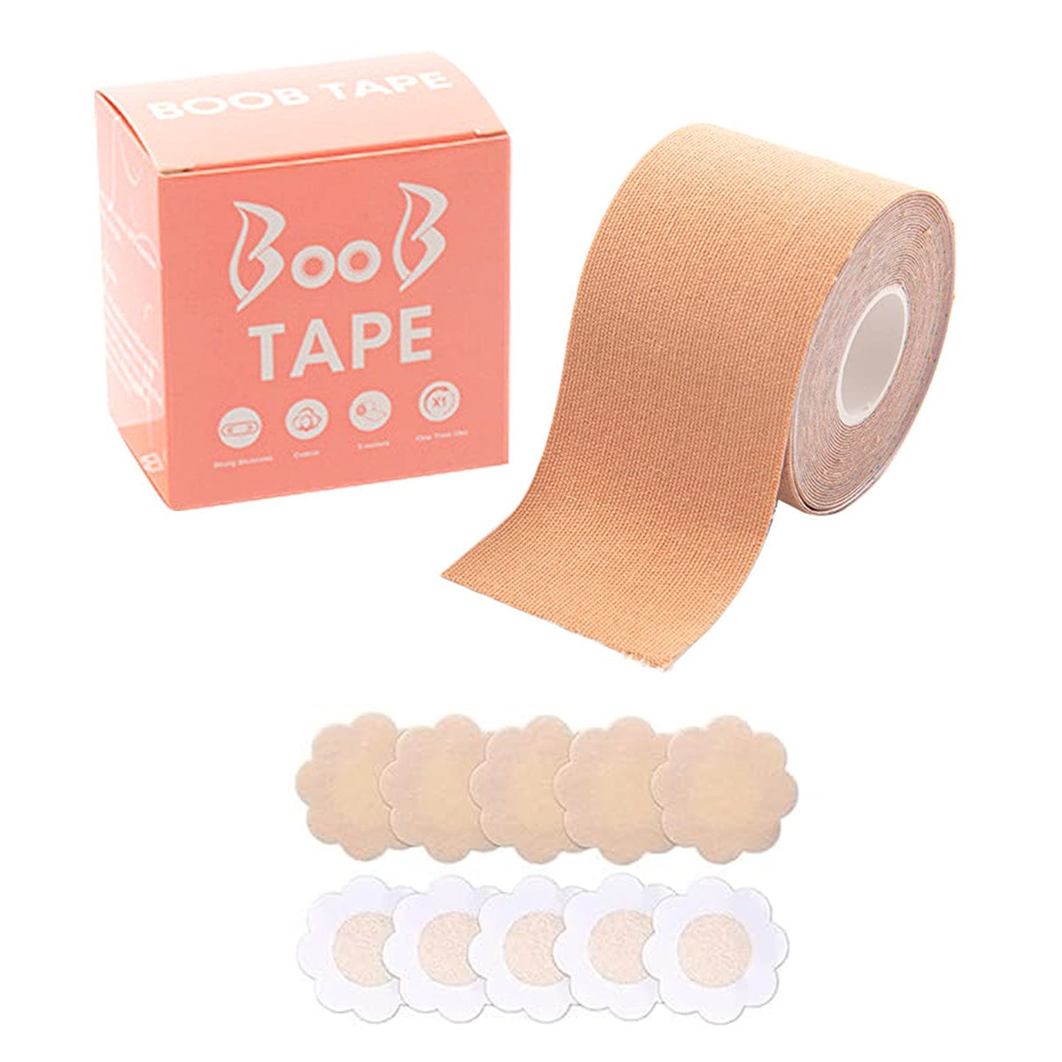 6596 Boob Tape with 10 Pairs Nipple Cover Cotton Wide Thin Breast Tape - Women's & Girl's Breast Lift Booby Tape - Push Up & Lifting Tape - Suitable for All Breast Types - Breast Lift Bra Tape - Bob Tape for Natural Breast Lift (1 Pc 5 Meters)