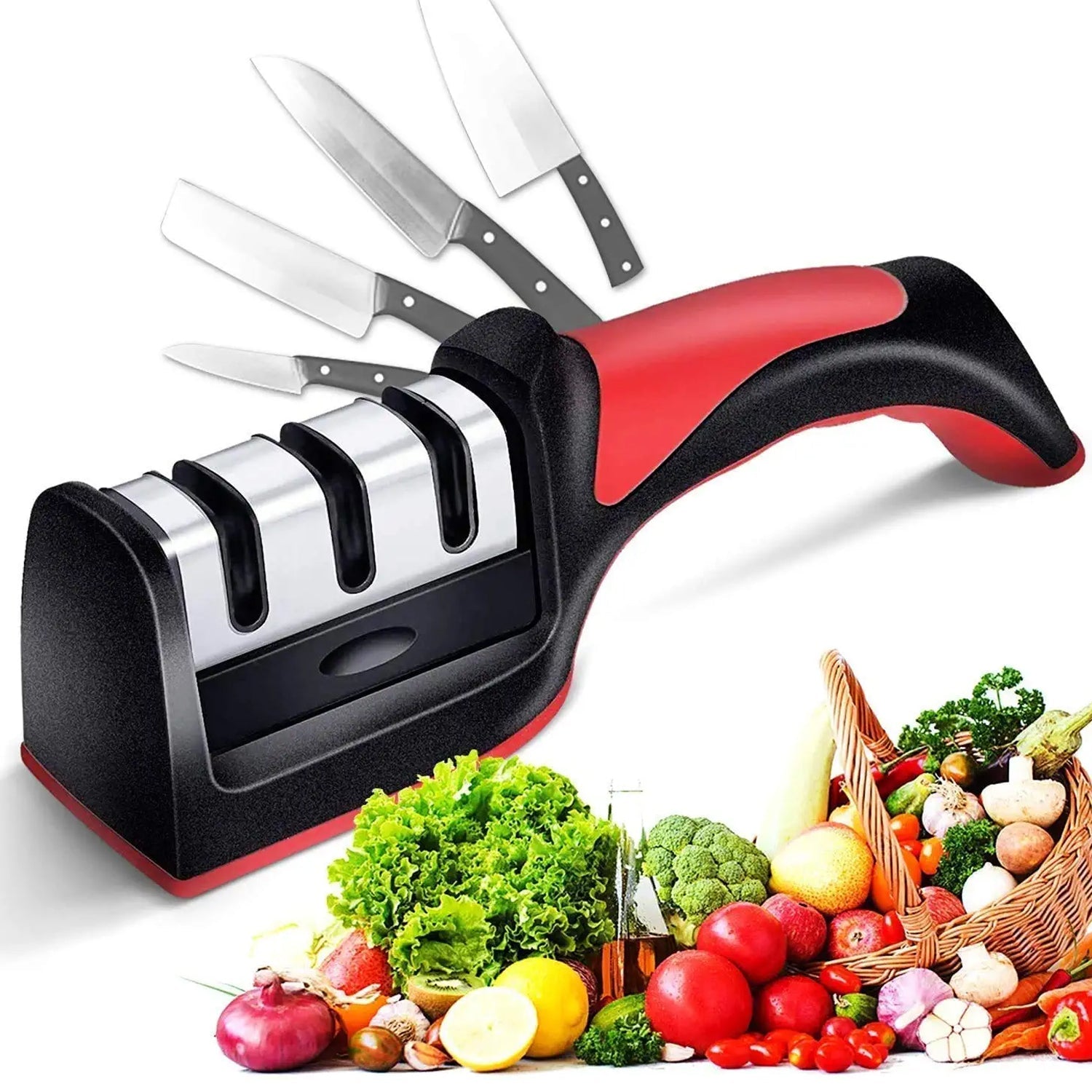 2051 Manual Red Knife Sharpener 3 Stage Sharpening Tool for Ceramic Knife and Steel Knives. DeoDap