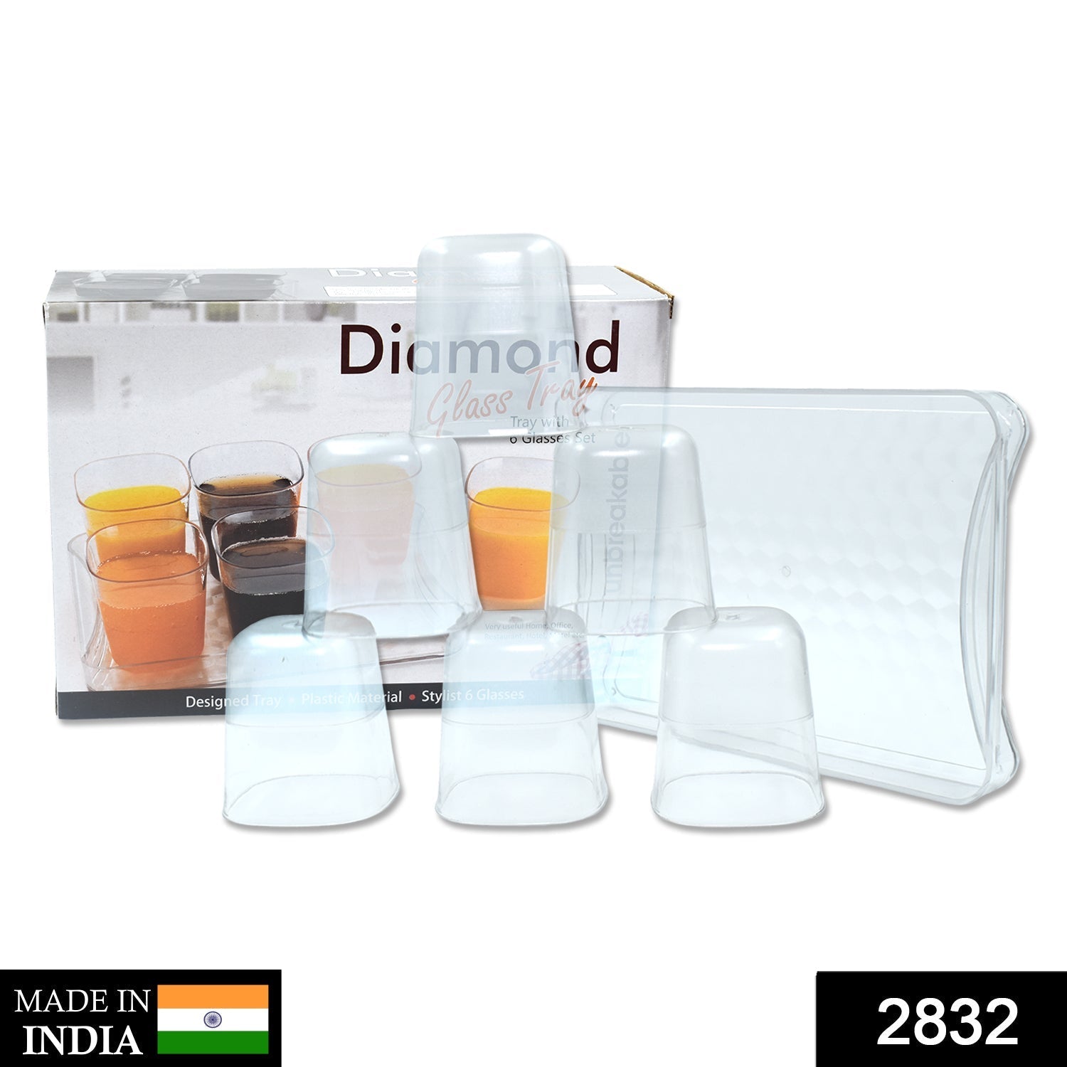 2832 6pc Glasses Set With tray Stylish Transparent Water Glass/Juice Glass/Beer Glass/Wine Glass Plastic Glass Set DeoDap