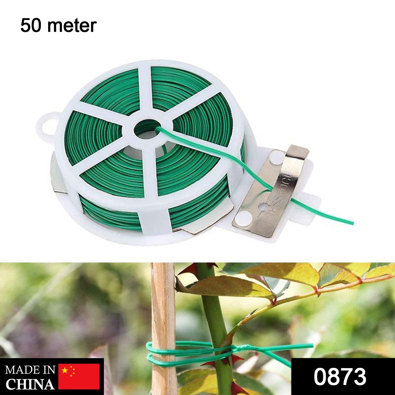 873 Plastic Twist Tie Wire Spool With Cutter For Garden Yard Plant 50m (Green) DeoDap