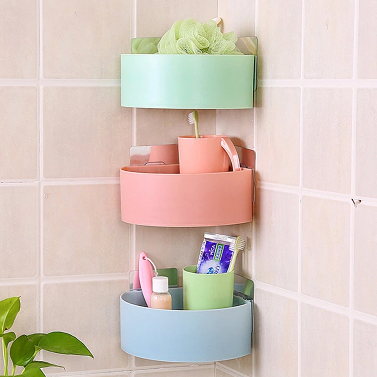 4033 Corner Shelf Bathroom Kitchen Rack Self Adhesive Shower Caddy Plastic Triangle Wall Mount Storage Basket DeoDap