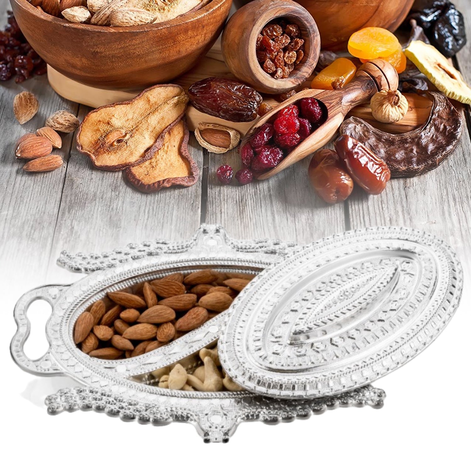 2853 Plastic Peacock Dry Fruit Silver Finish Serving Tray DeoDap