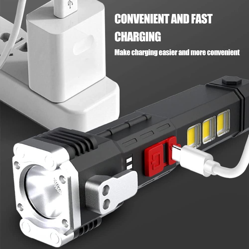 Portable 3w Rechargeable Torch LED Flashlight Long Distance Beam Range, Hammer and Strong Magnets, Window Glass and Seat Belt Cutter 4 Modes for Car Camping Hiking Indoor Outdoor