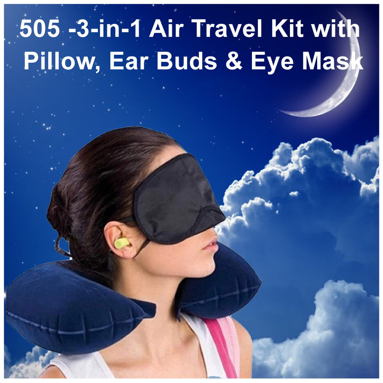 505 -3-in-1 Air Travel Kit with Pillow, Ear Buds & Eye Mask Royal -X Impex WITH BZ LOGO