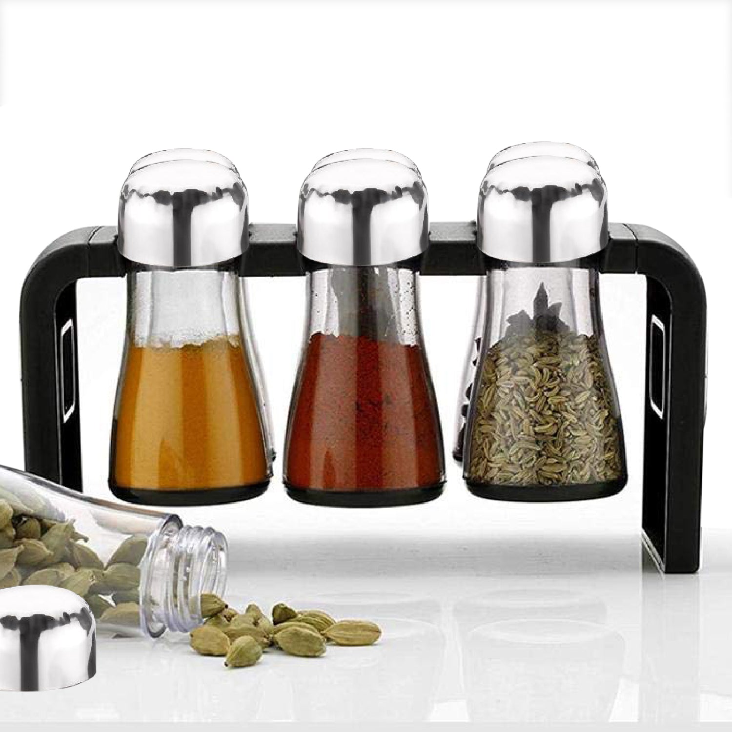 2458 Spice Jar Kitchen Storage Round Jars Airtight Steel Cap (Set Of 6) DeoDap